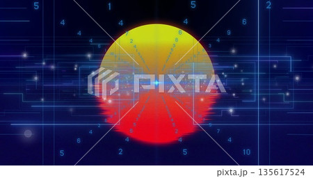 Glowing gradient sphere displaying glitches in neon grid, with numeric digits and circuit traces 135617524