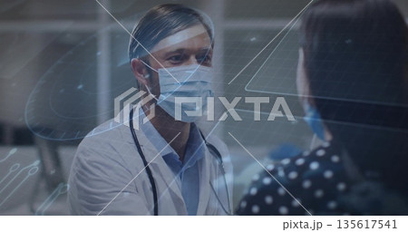 Consulting doctor wearing white coat and mask in consultation room, digital overlay, copy space 135617541