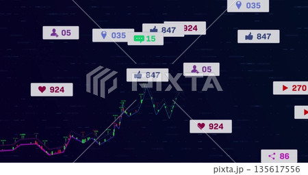Displaying dashboard showing neon line chart and candlesticks on grid, with floating social icons Displaying dashboard showing neon line chart and candlesticks on grid, with floating social icons 135617556