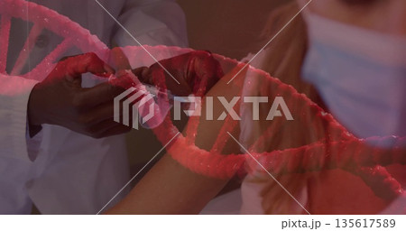 Coat-clad clinician administering injection to masked patient in clinic, with syringe and DNA helix Coat-clad clinician administering injection to masked patient in clinic, with syringe and DNA helix 135617589