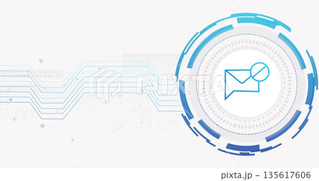 Sending data from circular interface on dashboard, with envelope icon, concentric rings, copy space 135617606