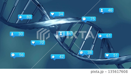 Rotating metallic DNA double helix spiraling in digital art with social media notification icons Rotating metallic DNA double helix spiraling in digital art with social media notification icons 135617608