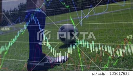 Positioning leg with blue sock and black cleat behind soccer ball on pitch, with data overlay Positioning leg with blue sock and black cleat behind soccer ball on pitch, with data overlay 135617622