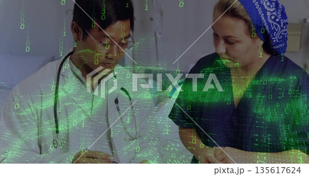 Doctor with tablet and stethoscope and nurse wearing headscarf reviewing code overlay in exam room Doctor with tablet and stethoscope and nurse wearing headscarf reviewing code overlay in exam room 135617624