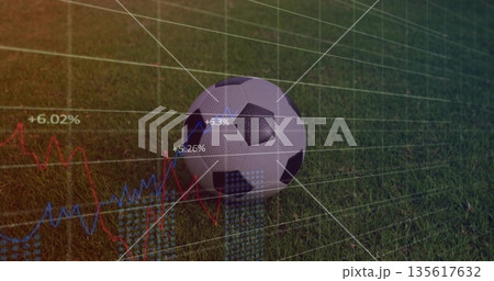 Displaying soccer ball resting on grass pitch, overlaying grid with red and blue line graphs Displaying soccer ball resting on grass pitch, overlaying grid with red and blue line graphs 135617632