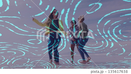 Dancing trio of women on salt flat, turquoise swirl, windbreaker jacket, denim jacket, sunglasses Dancing trio of women on salt flat, turquoise swirl, windbreaker jacket, denim jacket, sunglasses 135617638