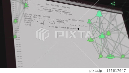 Displaying screen showing SQL code at desk, with green user and thumbs-up icons network overlay Displaying screen showing SQL code at desk, with green user and thumbs-up icons network overlay 135617647