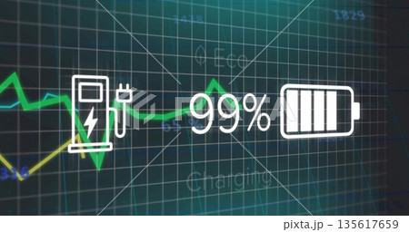 Displaying battery charging status at 99% on vehicle dashboard, with plug icon and line graph Displaying battery charging status at 99% on vehicle dashboard, with plug icon and line graph 135617659