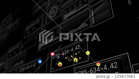 Displaying social media reaction emojis floating over digital interface panels, with numeric charts 135617661
