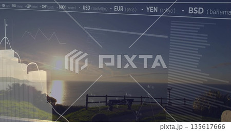 Displaying wooden bench and fence facing ocean at sunset on cliff, blending financial data overlay 135617666