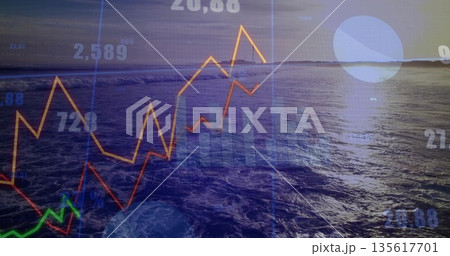 Displaying ocean horizon at sunset, overlaying colorful line charts bar charts labels pie chart Displaying ocean horizon at sunset, overlaying colorful line charts bar charts labels pie chart 135617701