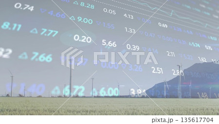 Displaying row of wind turbines rotating in grassland by mountain ridge, with stock ticker overlay Displaying row of wind turbines rotating in grassland by mountain ridge, with stock ticker overlay 135617704