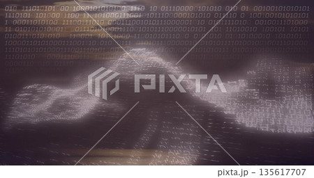 Flowing binary code ribbon undulating across cyberspace, with glowing streams of zeros and ones 135617707