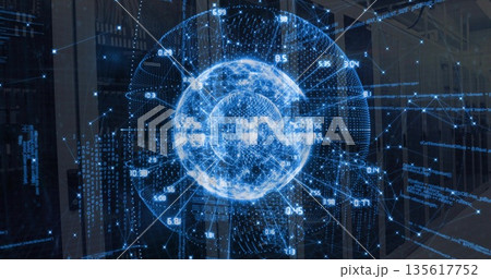 Floating blue wireframe globe showing numeric data labels in data center, with server racks 135617752