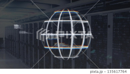 Floating holographic globe hovering inside data center corridor, with server racks and cable trays 135617764