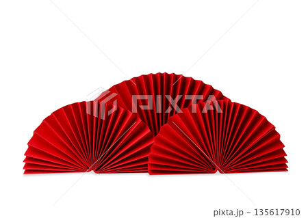 Three red paper fans arranged in an elegant display, isolated, PNG Three red paper fans arranged in an elegant display, isolated, PNG 135617910