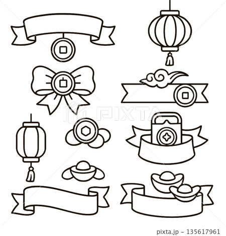 Festive outline banner lantern coin cloud motif ribbon set enrich celebration joy 135617961