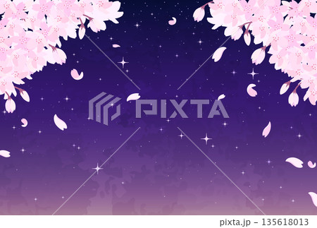 夜桜と星空のイラスト_横1 135618013