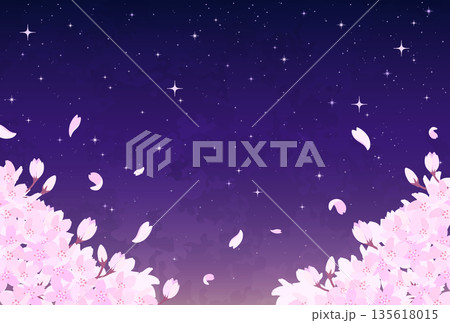 夜桜と星空のイラスト_横3 夜桜と星空のイラスト_横3 135618015