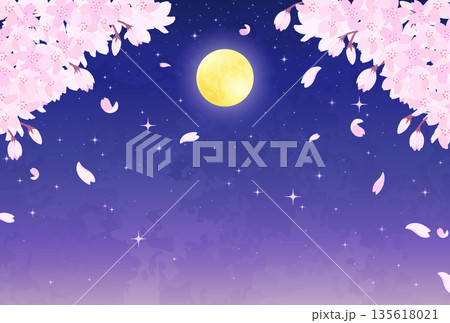 夜桜と満月と星空のイラスト_横1 夜桜と満月と星空のイラスト_横1 135618021