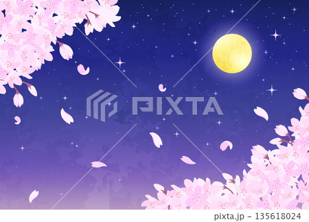 夜桜と満月と星空のイラスト_横4 135618024
