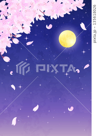 夜桜と満月と星空のイラスト_縦2 135618026