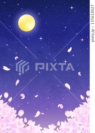 夜桜と満月と星空のイラスト_縦3 135618027