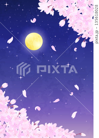 夜桜と満月と星空のイラスト_縦4 135618028