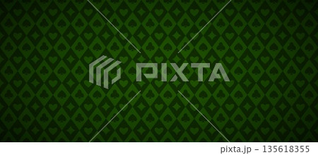Green playing cards pattern background. Retro poker or casino table theme wallpaper. Vintage spades, hearts, diamonds, clubs symbols backdrop. Vegas gambling concept texture. Vector 135618355