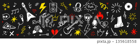 Hand drawn doodle music icons with rock elements, lightning bolts and graffiti style tattoo stickers for creative band designs on chalkboard. Marker sketch music icons. Vector 135618558