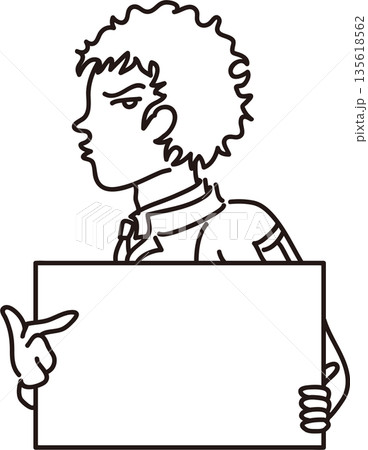 フレームを持った作業服の男性のイラスト　線画 135618562