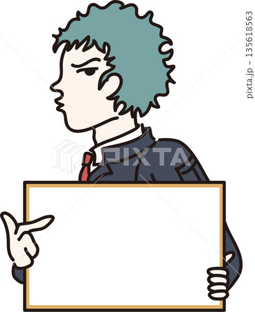 フレームを持った作業服の男性のイラスト　紺色の制服 135618563