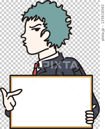 フレームを持った作業服の男性のイラスト　紺色の制服 135618563