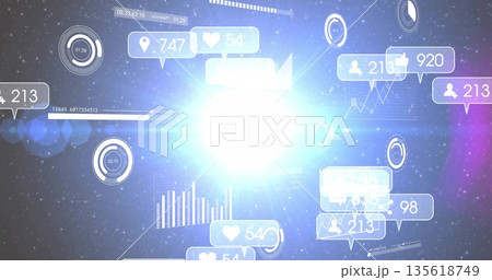 Emitting central glow in digital UI, with like counters, followers, location-pin and analytics 135618749
