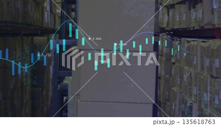 Displaying central box stack featuring digital candlestick bars and trend line in warehouse aisle Displaying central box stack featuring digital candlestick bars and trend line in warehouse aisle 135618763