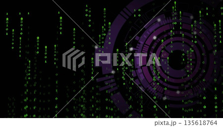 Falling green binary streams in digital HUD with purple rings, white particles on right, copy space Falling green binary streams in digital HUD with purple rings, white particles on right, copy space 135618764