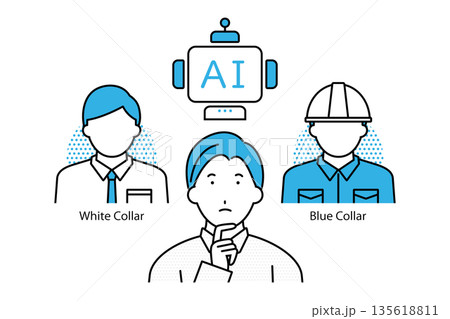 AIが進化し続ける状況下でホワイトカラーとブルーカラーのどちらの職業に就くかを迷う若い男性のイラスト 135618811