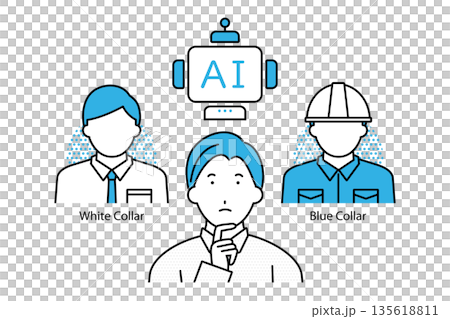 插圖描繪了一位年輕人在人工智慧不斷發展的世界中，思考是選擇白領工作還是藍領工作。 135618811
