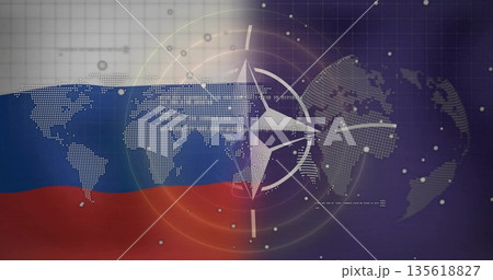 Displaying NATO compass rose emblem on split graphic, with dotted world maps and Russian flag bands Displaying NATO compass rose emblem on split graphic, with dotted world maps and Russian flag bands 135618827