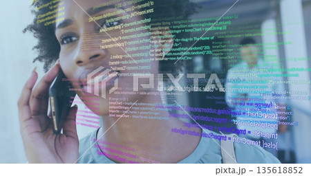 Woman carrying shoulder bag holding smartphone at ear in office corridor, with code snippets 135618852