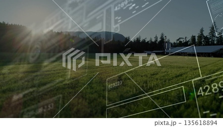 Showing farm building cluster sitting at tree line with grassy field and data graphics, copy space Showing farm building cluster sitting at tree line with grassy field and data graphics, copy space 135618894
