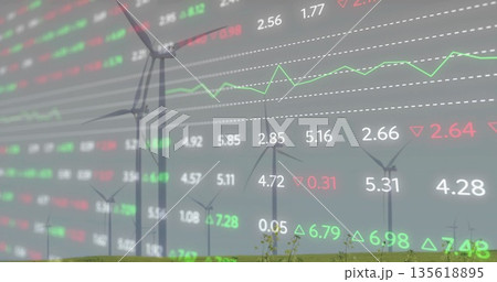 Displaying wind turbine silhouette in rural field, with stock data, line chart, dashed grid lines Displaying wind turbine silhouette in rural field, with stock data, line chart, dashed grid lines 135618895