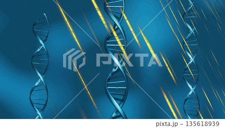 Floating semi transparent DNA helices swirling over blue gradient, showing golden light streaks 135618939