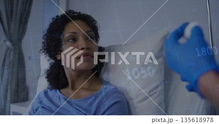 Gazing patient wearing top receiving syringe from gloved hand on hospital bed by curtained window Gazing patient wearing top receiving syringe from gloved hand on hospital bed by curtained window 135618978