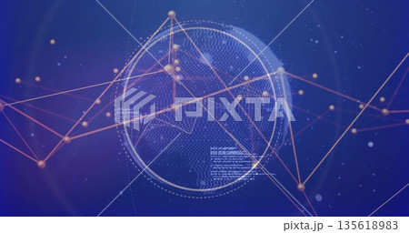 Displaying wireframe mesh sphere pulsing in virtual digital space, with orange-gold nodes and lines Displaying wireframe mesh sphere pulsing in virtual digital space, with orange-gold nodes and lines 135618983