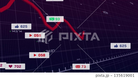 Analytics dashboard displaying red downward arrow line on grid background, with social media icons 135619001