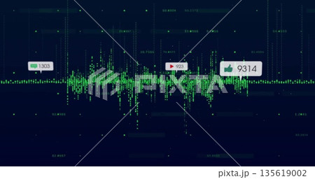 Displaying green waveform, showing comment icon 1303, play icon 923 and thumbs-up icon 9314 in UI 135619002