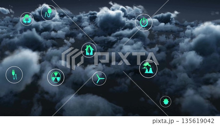 Floating green icons showing recycling, turbine, nuclear, sun drifting within clouds, energy theme 135619042