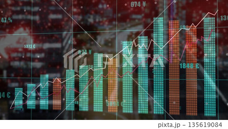Displaying chart showing bar and line graphs at office, with currency, percentage labels, gridlines Displaying chart showing bar and line graphs at office, with currency, percentage labels, gridlines 135619084