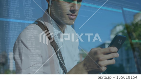 Holding smartphone man in white shirt and suspenders showcasing code reflection on glass in plaza 135619154